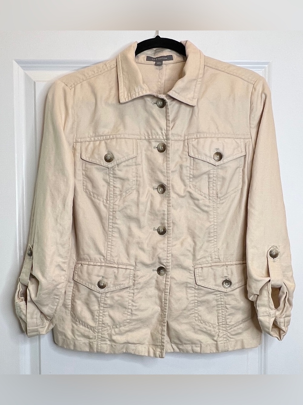 ANN TAYLOR Cream Linen Cotton Utility Jacket Roll Tab Sleeve Safari Size 8